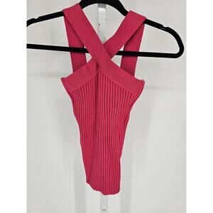 Vintage Y2K Cache Womens Sz S Thick Ribbed Fitted Tank Top Pink Cross Front